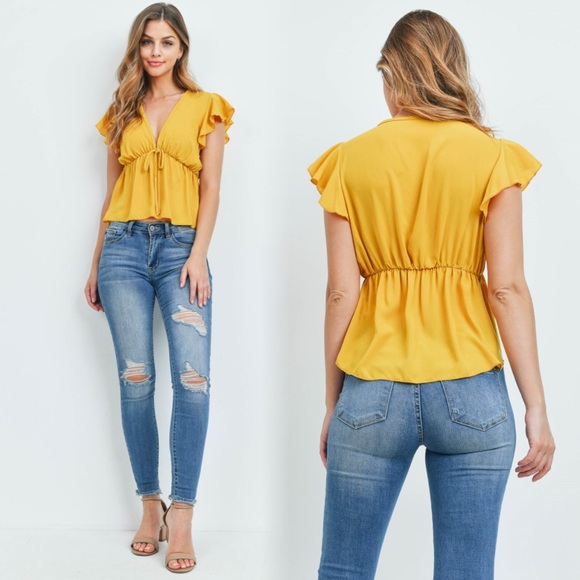 Women's Yellow Ruffle Sleeve Top - Picture 5 of 14
